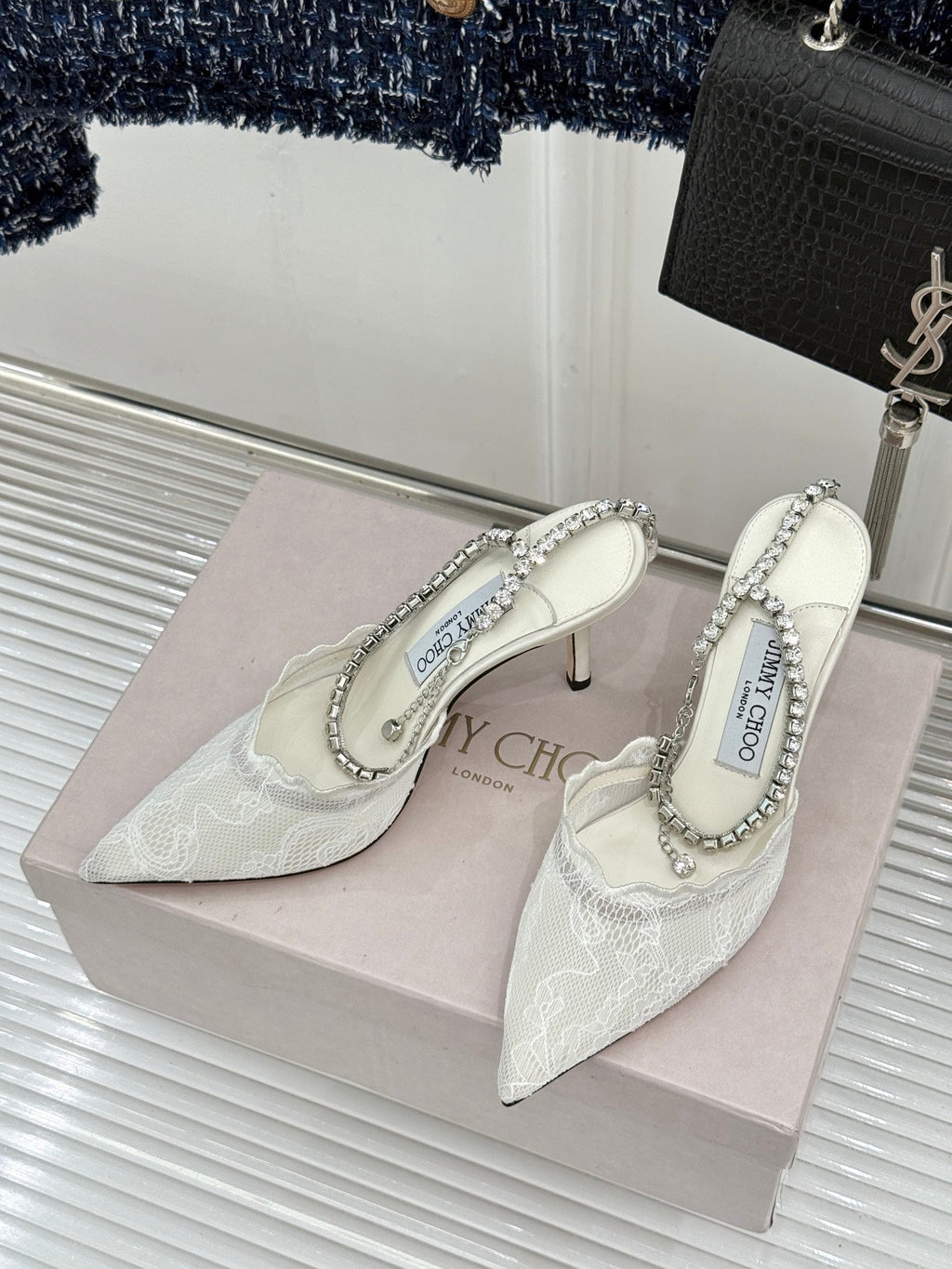 JIMMY CHOO 26S EMBELLISHED HIGH-HEEL SANDALS 85 MM IN WHITE LACE
