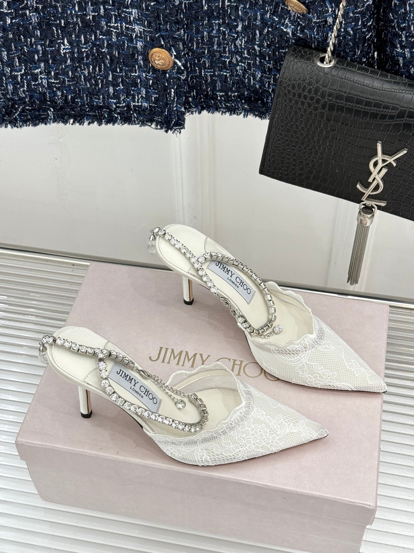 JIMMY CHOO 26S EMBELLISHED HIGH-HEEL SANDALS 85 MM IN WHITE LACE