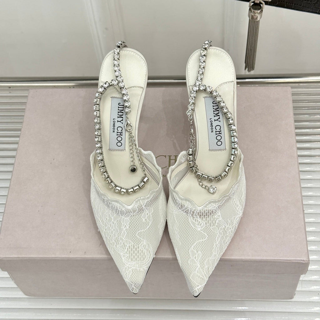JIMMY CHOO 26S EMBELLISHED HIGH-HEEL SANDALS 85 MM IN WHITE LACE