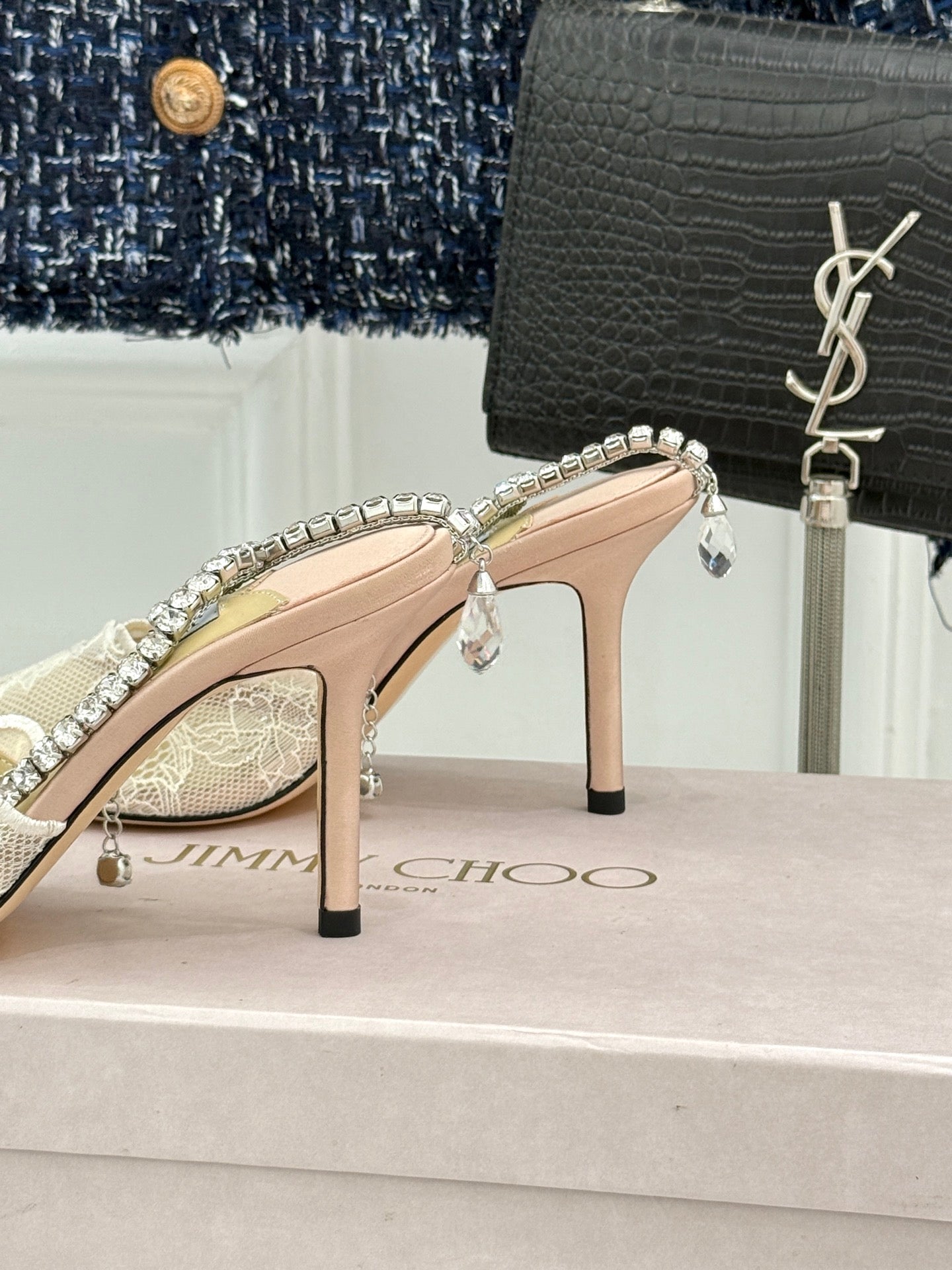 JIMMY CHOO 26S EMBELLISHED HIGH-HEEL SANDALS 85 MM IN CREAM WHITE LACE