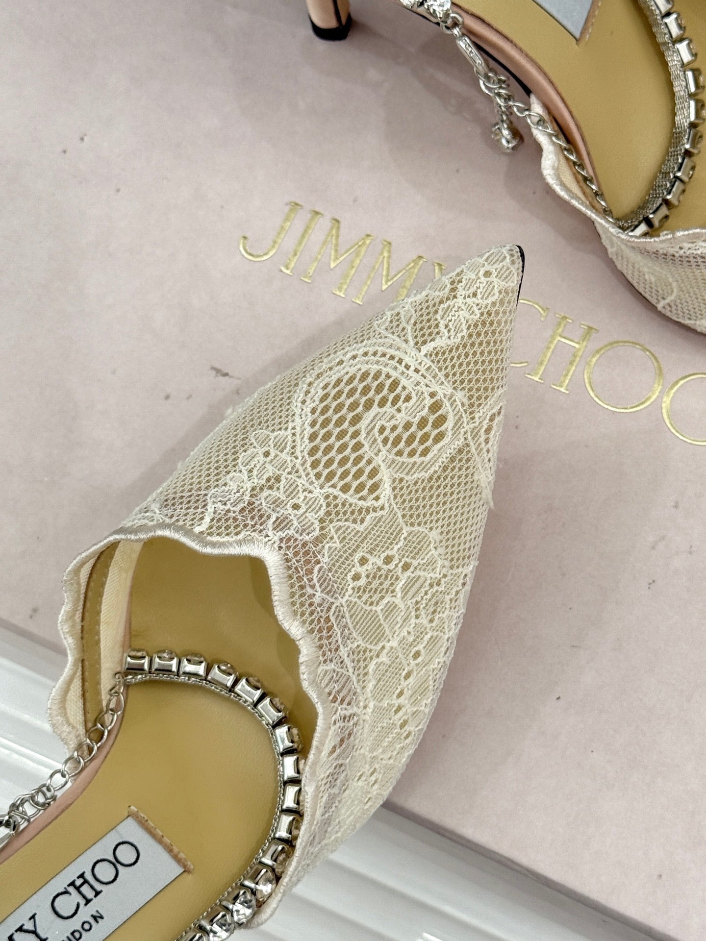JIMMY CHOO 26S EMBELLISHED HIGH-HEEL SANDALS 85 MM IN CREAM WHITE LACE