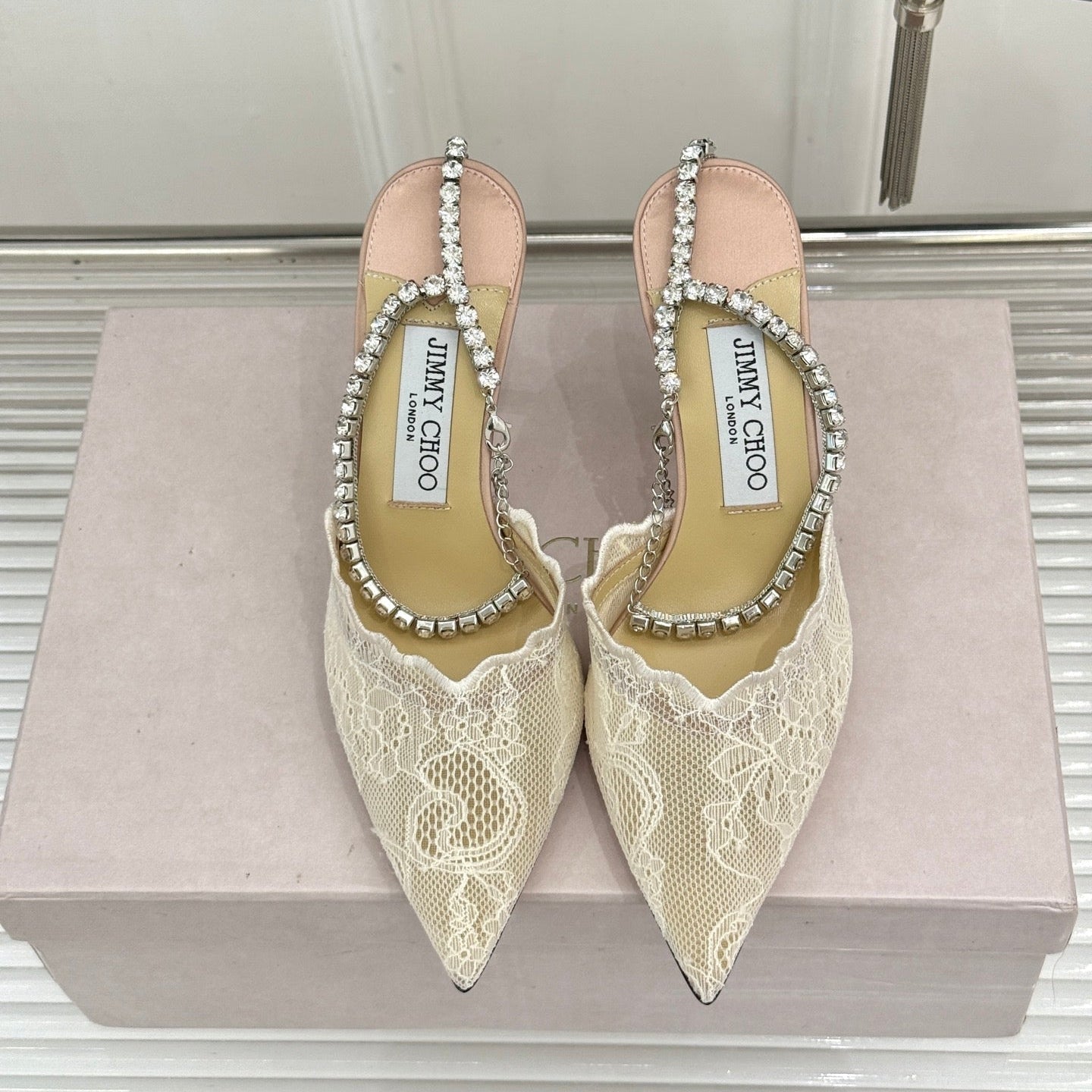 JIMMY CHOO 26S EMBELLISHED HIGH-HEEL SANDALS 85 MM IN CREAM WHITE LACE