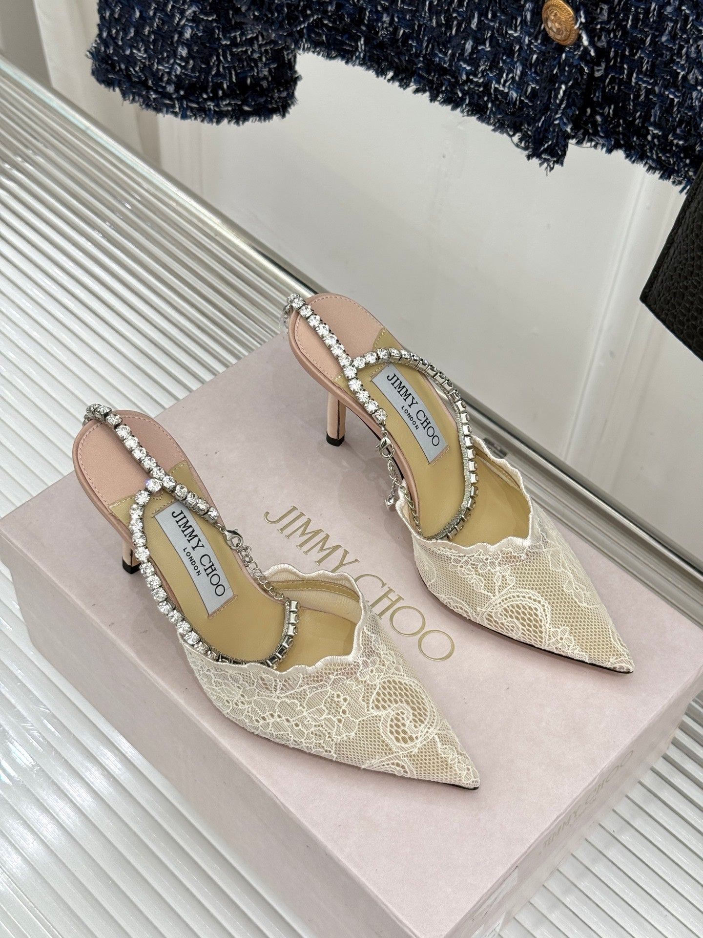 JIMMY CHOO 26S EMBELLISHED HIGH-HEEL SANDALS 85 MM IN CREAM WHITE LACE