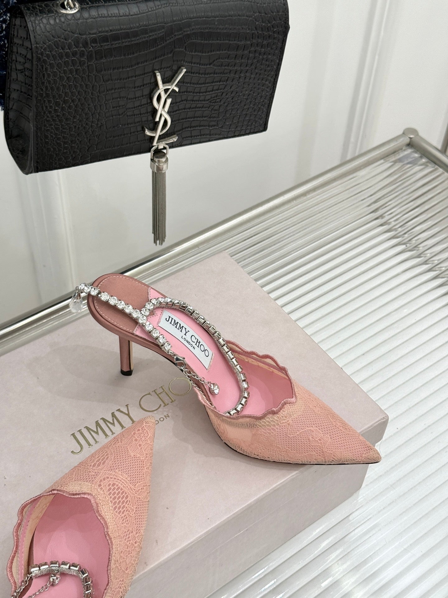 JIMMY CHOO 26S EMBELLISHED HIGH-HEEL SANDALS 85 MM IN BALLET PINK LACE