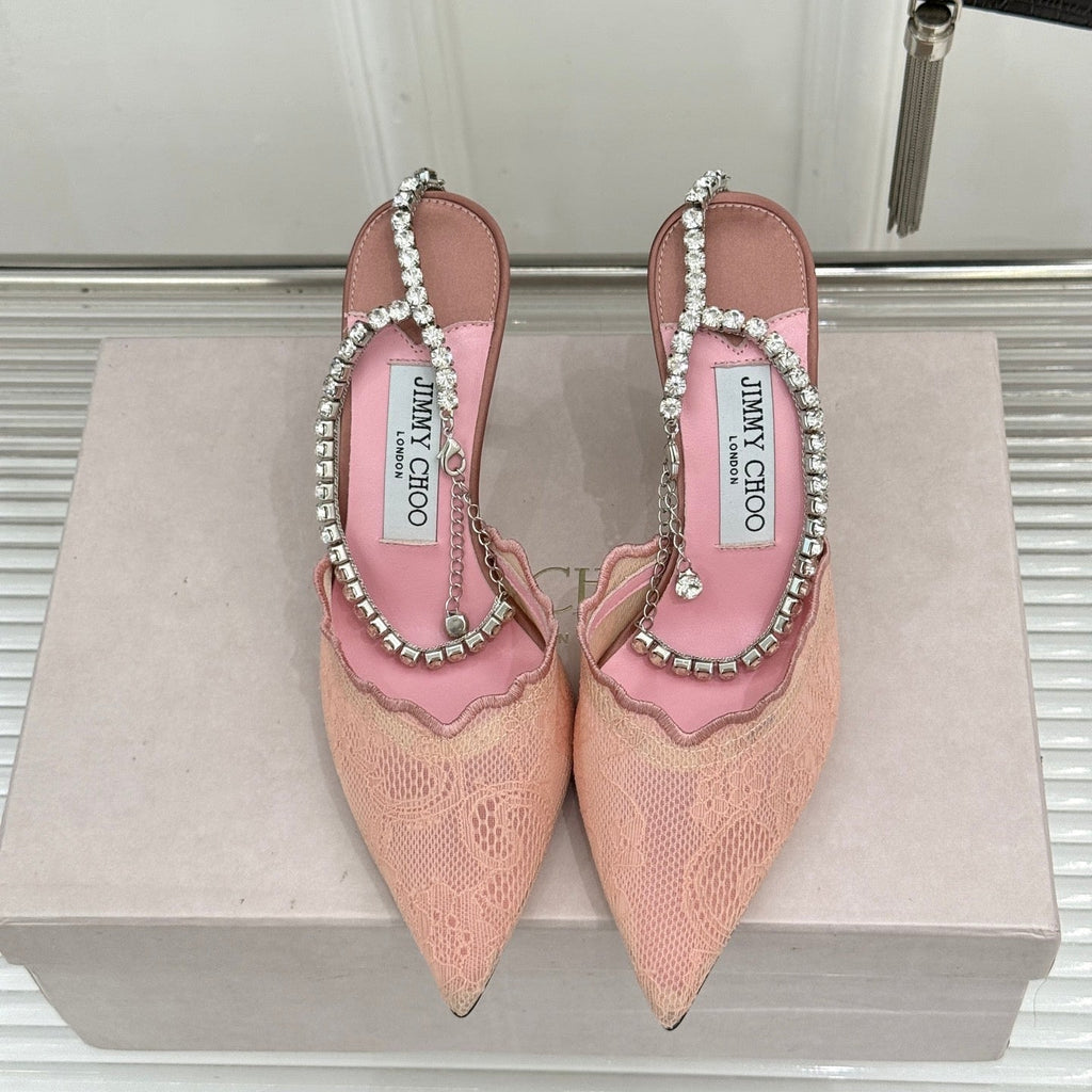 JIMMY CHOO 26S EMBELLISHED HIGH-HEEL SANDALS 85 MM IN BALLET PINK LACE