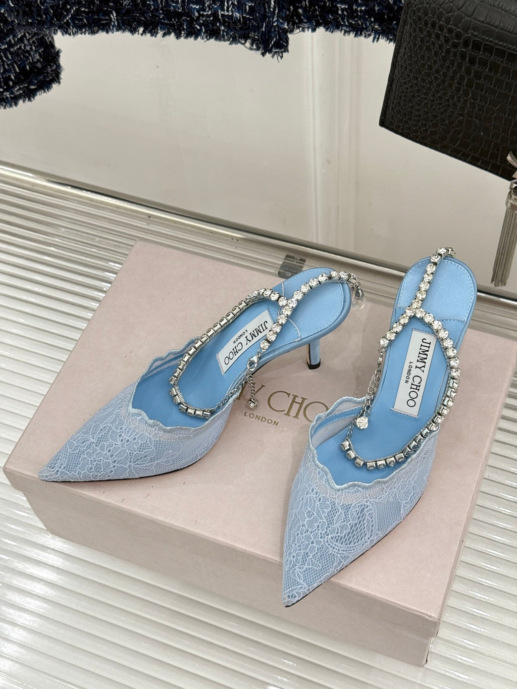 JIMMY CHOO 26S EMBELLISHED HIGH-HEEL SANDALS 85 MM IN BLUE LACE