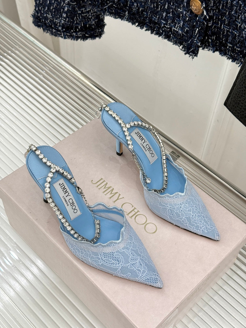 JIMMY CHOO 26S EMBELLISHED HIGH-HEEL SANDALS 85 MM IN BLUE LACE