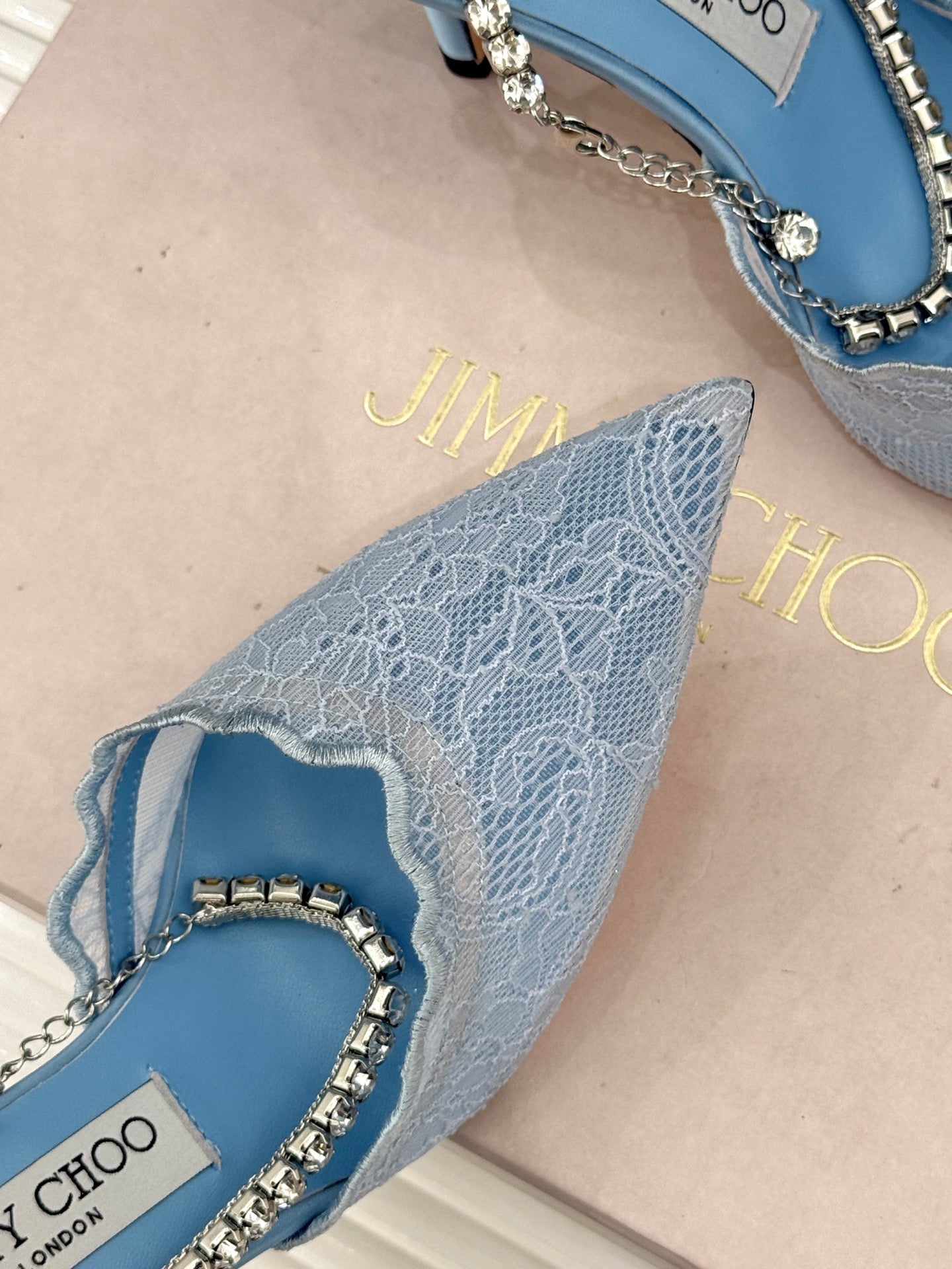 JIMMY CHOO 26S EMBELLISHED HIGH-HEEL SANDALS 85 MM IN BLUE LACE