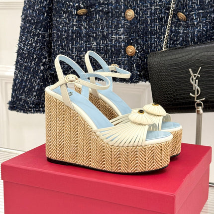 VALENTINO 26S ESPADRILLE WEDGE SANDALS 120 MM IN CREAM WHITE CALFSKIN
