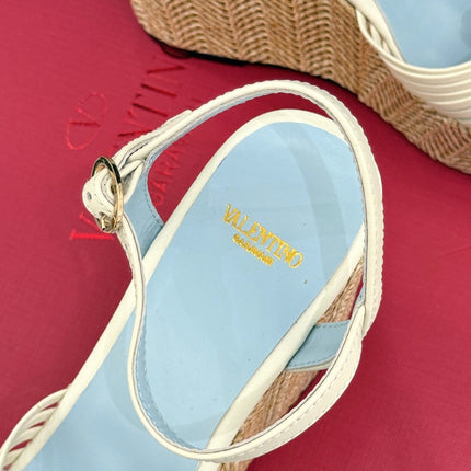 VALENTINO 26S ESPADRILLE WEDGE SANDALS 120 MM IN CREAM WHITE CALFSKIN