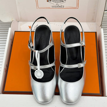 HM 26S SLINGBACK HIGH HEELS IN SILVER CALFSKIN