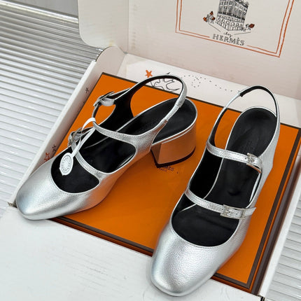 HM 26S SLINGBACK HIGH HEELS IN SILVER CALFSKIN