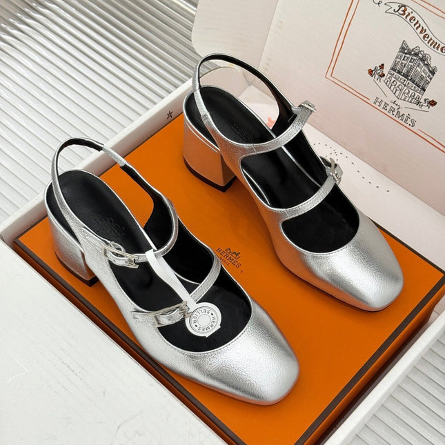 HM 26S SLINGBACK HIGH HEELS IN SILVER CALFSKIN