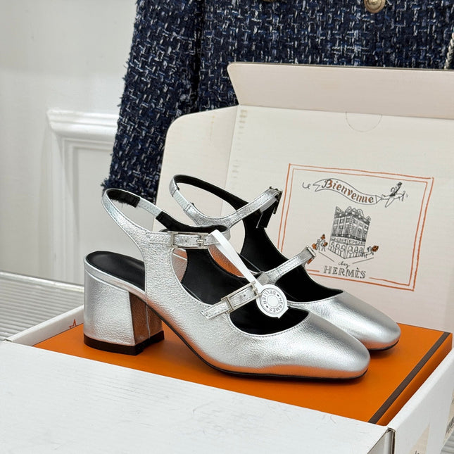 HM 26S SLINGBACK HIGH HEELS IN SILVER CALFSKIN