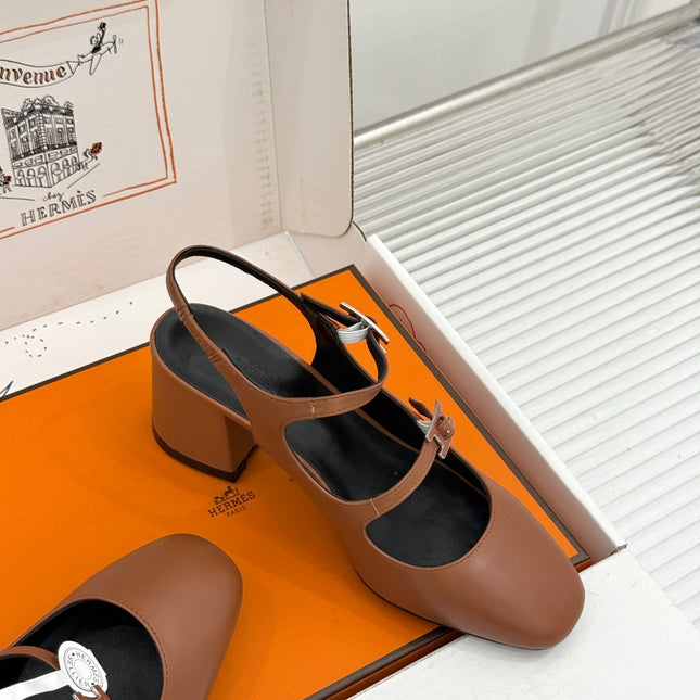 HM 26S SLINGBACK HIGH HEELS IN BROWN CALFSKIN