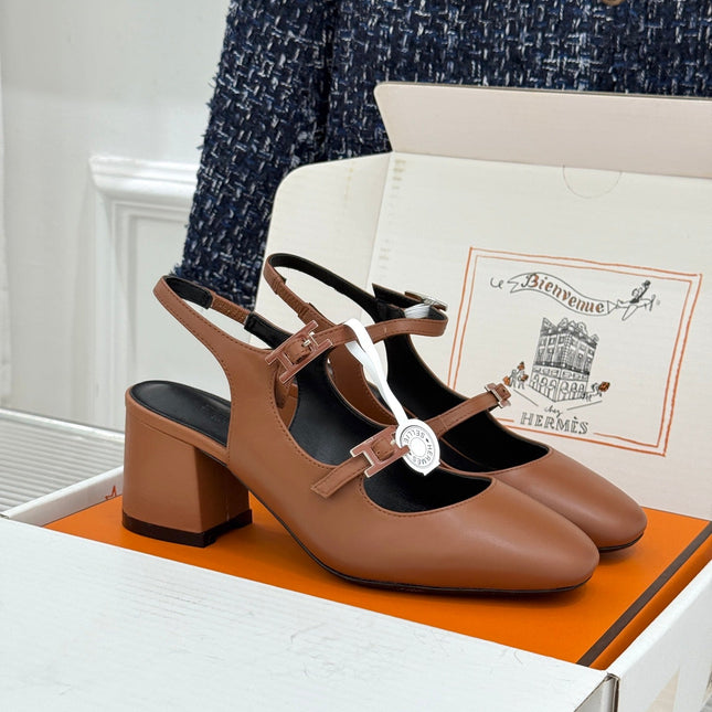 HM 26S SLINGBACK HIGH HEELS IN BROWN CALFSKIN
