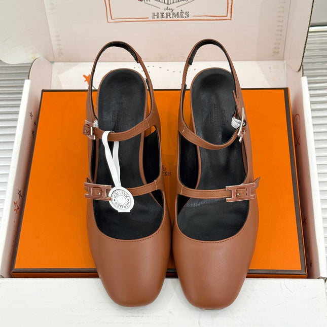 HM 26S SLINGBACK HIGH HEELS IN BROWN CALFSKIN