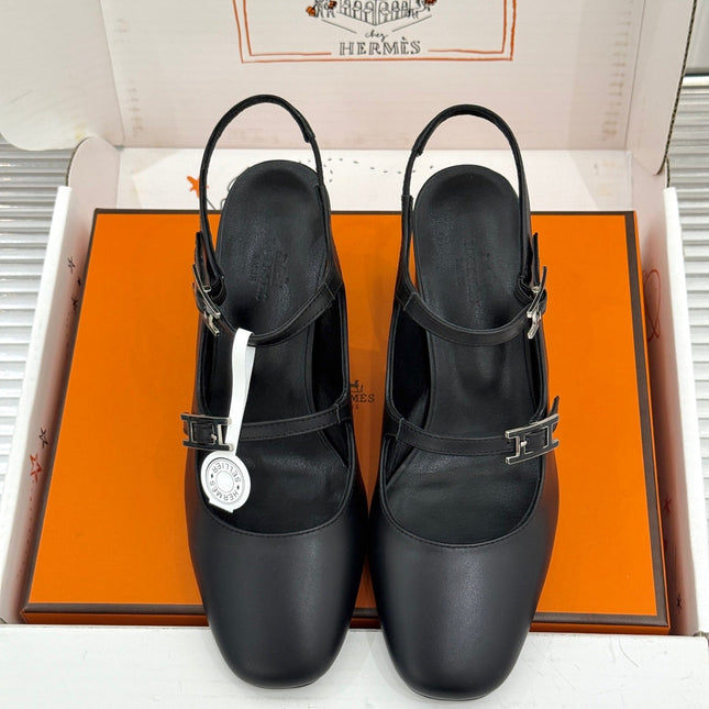HM 26S SLINGBACK HIGH HEELS IN BLACK CALFSKIN