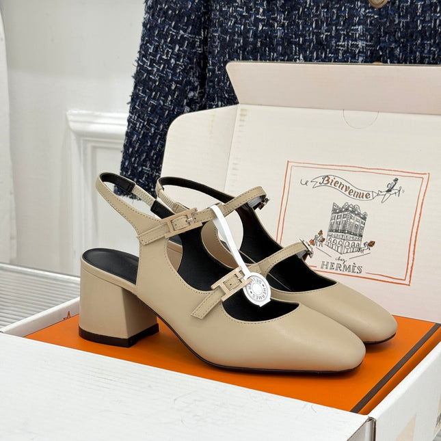 HM 26S SLINGBACK HIGH HEELS IN BEIGE CALFSKIN