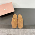 MIUMIU 26S MULE LOAFERS IN CARAMEL BROWN SUEDE LOGO