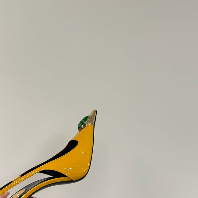 GREEN GEM-STUDDED SLINGBACK PUMPS IN YELLOW PATENT CALFSKIN