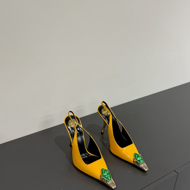 GREEN GEM-STUDDED SLINGBACK PUMPS IN YELLOW PATENT CALFSKIN