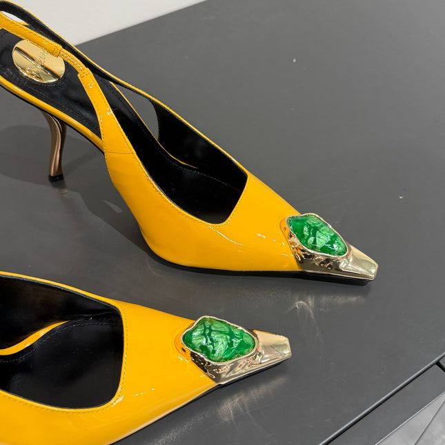 GREEN GEM-STUDDED SLINGBACK PUMPS IN YELLOW PATENT CALFSKIN