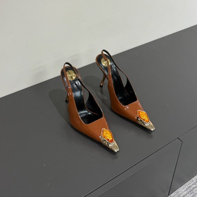ORANGE GEM-STUDDED SLINGBACK PUMPS IN BRONZE BROWN PATENT CALFSKIN