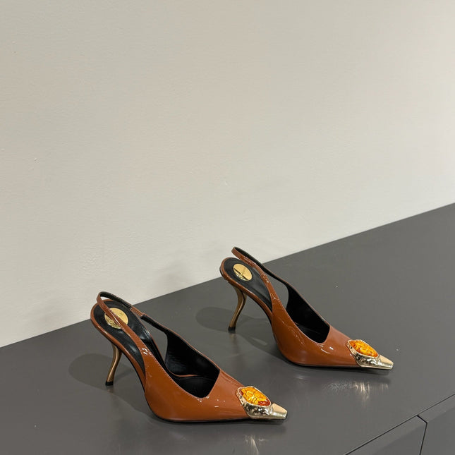 ORANGE GEM-STUDDED SLINGBACK PUMPS IN BRONZE BROWN PATENT CALFSKIN