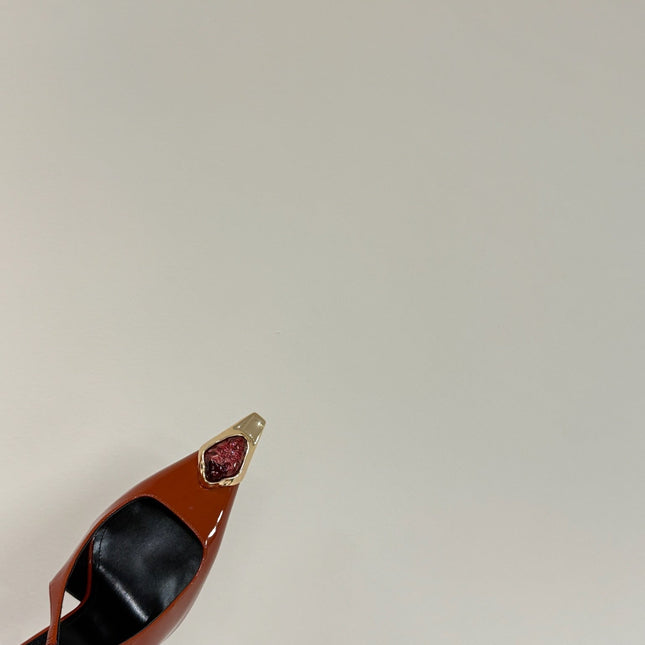 RED GEM-STUDDED SLINGBACK PUMPS IN ORANGE PATENT CALFSKIN