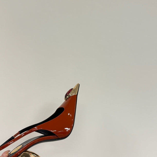RED GEM-STUDDED SLINGBACK PUMPS IN ORANGE PATENT CALFSKIN