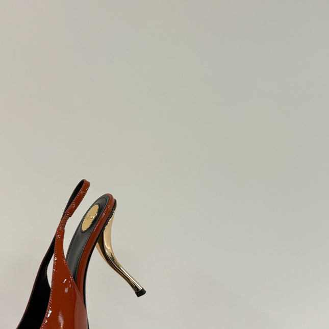 RED GEM-STUDDED SLINGBACK PUMPS IN ORANGE PATENT CALFSKIN