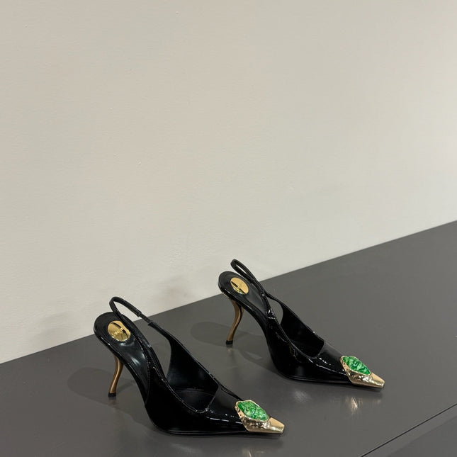 GREEN GEM-STUDDED SLINGBACK PUMPS IN BLACK PATENT CALFSKIN
