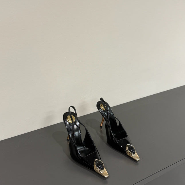 BLACK GEM-STUDDED SLINGBACK PUMPS IN BLACK PATENT CALFSKIN