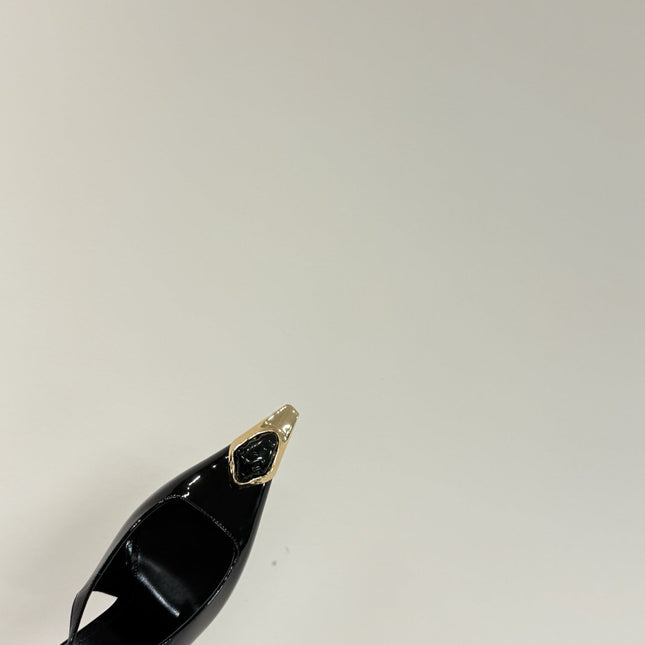 BLACK GEM-STUDDED SLINGBACK PUMPS IN BLACK PATENT CALFSKIN