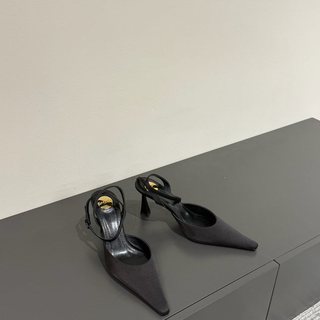 AIMÉE SLINGBACK PUMPS IN BLACK SATIN