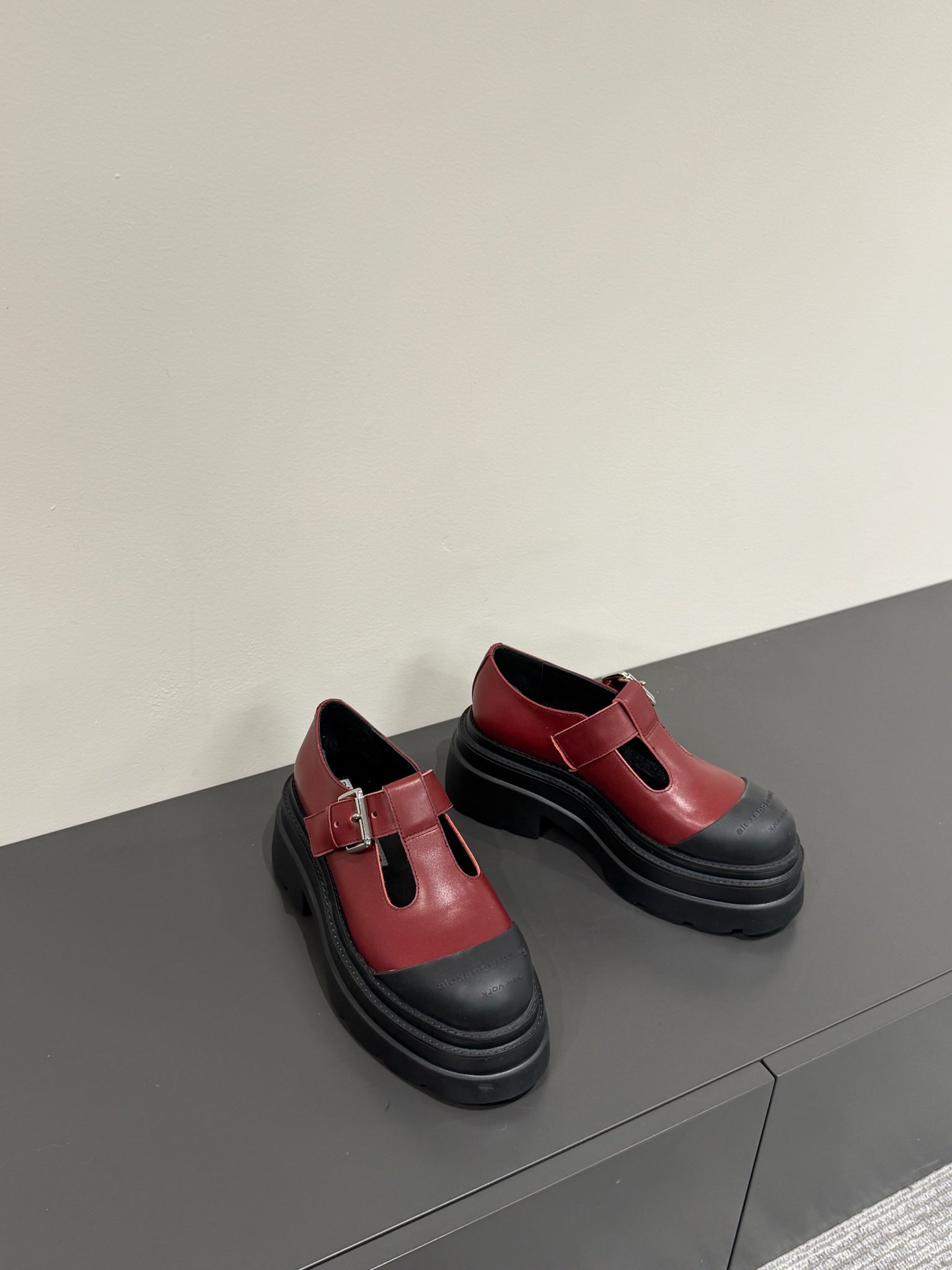 PLATFORM PATCHWWORK MARY JANE IN BLACK MIX BURGUNDY RED CALFSKIN