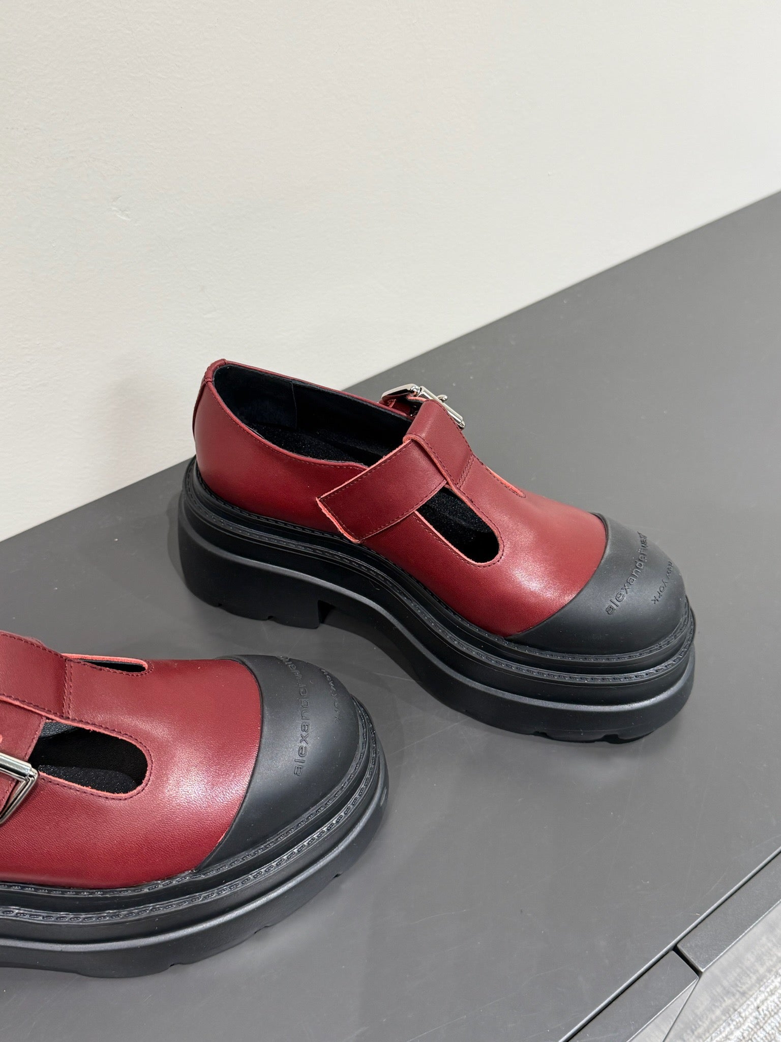 PLATFORM PATCHWWORK MARY JANE IN BLACK MIX BURGUNDY RED CALFSKIN