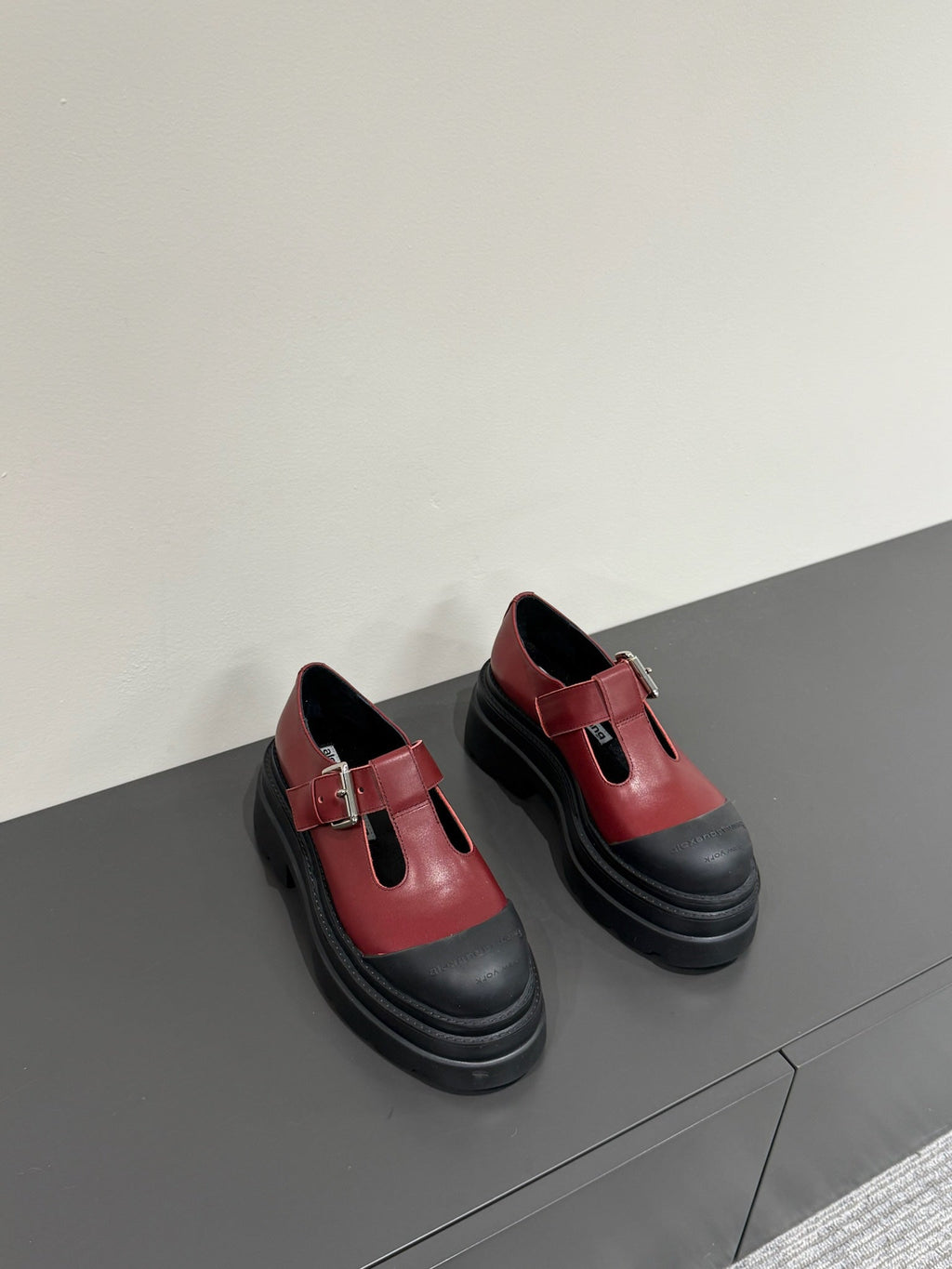PLATFORM PATCHWWORK MARY JANE IN BLACK MIX BURGUNDY RED CALFSKIN