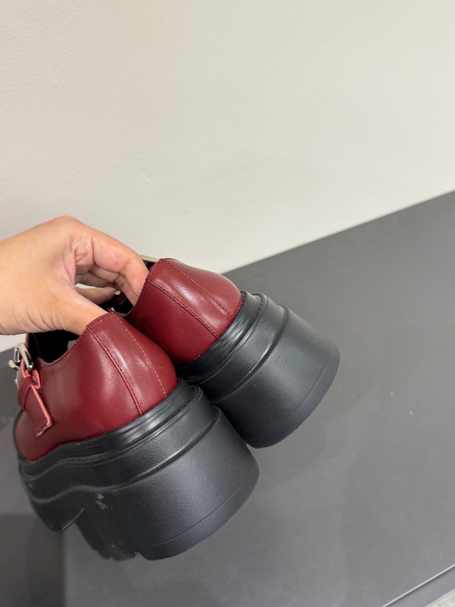 PLATFORM PATCHWWORK MARY JANE IN BLACK MIX BURGUNDY RED CALFSKIN