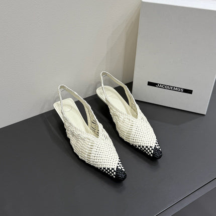 JACQUEMUS 26S HIGH-HEEL SLINGBACKS IN CREAM WHITE WOVEN CALFSKIN