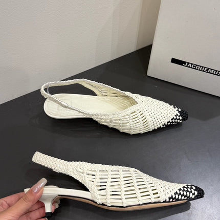 JACQUEMUS 26S HIGH-HEEL SLINGBACKS IN CREAM WHITE WOVEN CALFSKIN