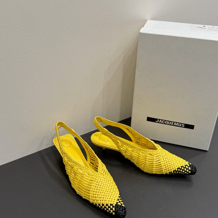 JACQUEMUS 26S HIGH-HEEL SLINGBACKS IN YELLOW WOVEN CALFSKIN