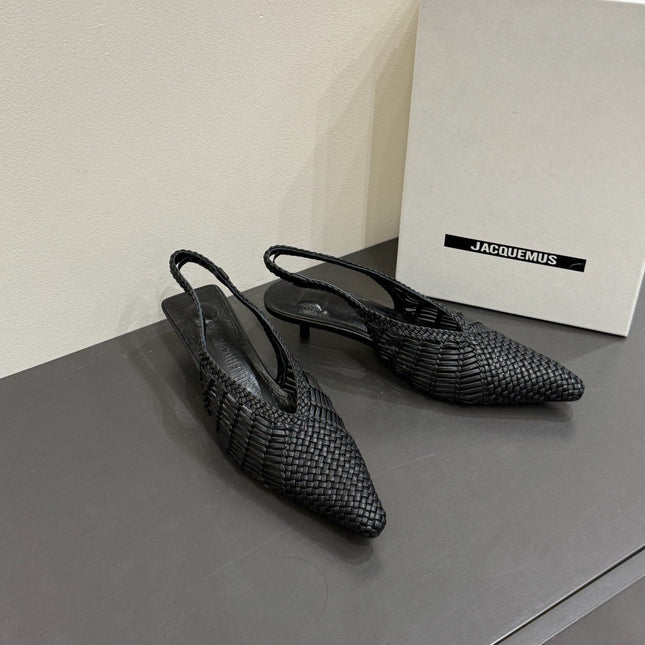 JACQUEMUS 26S HIGH-HEEL SLINGBACKS IN BLACK WOVEN CALFSKIN