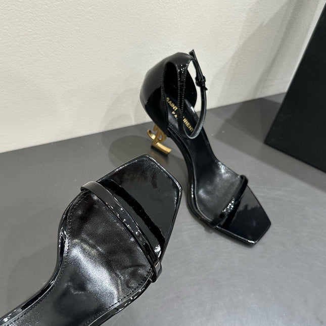 YSL HEELED SANDALS 25S 105 MM IN BLACK GLOSSY LAMBSKIN WITH GOLD HARDWARE