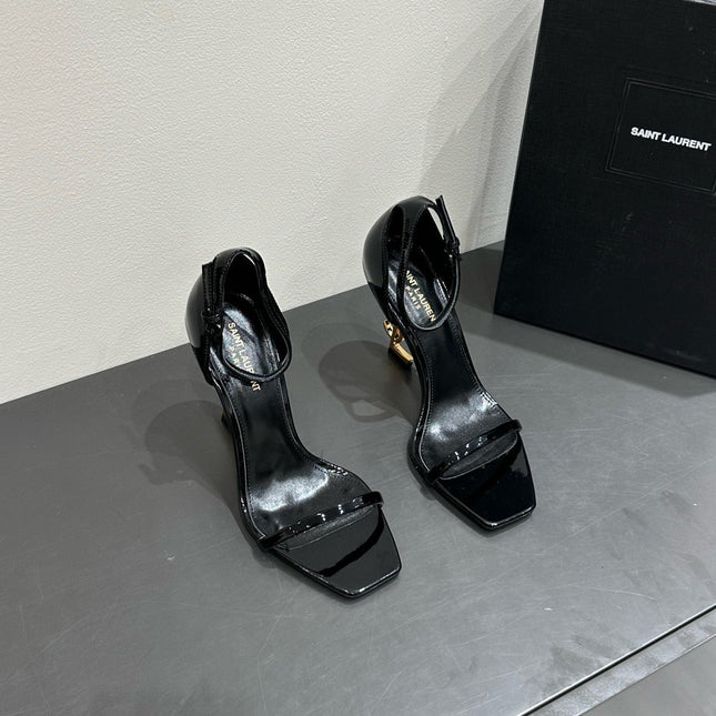 YSL HEELED SANDALS 25S 105 MM IN BLACK GLOSSY LAMBSKIN WITH GOLD HARDWARE