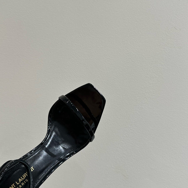 YSL HEELED SANDALS 25S 105 MM IN BLACK GLOSSY LAMBSKIN WITH GOLD HARDWARE