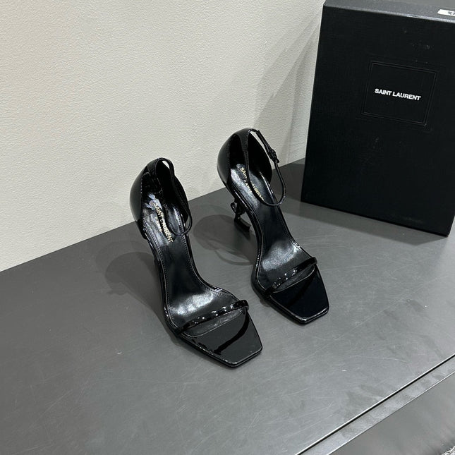 YSL HEELED SANDALS 25S 105 MM IN BLACK GLOSSY LAMBSKIN
