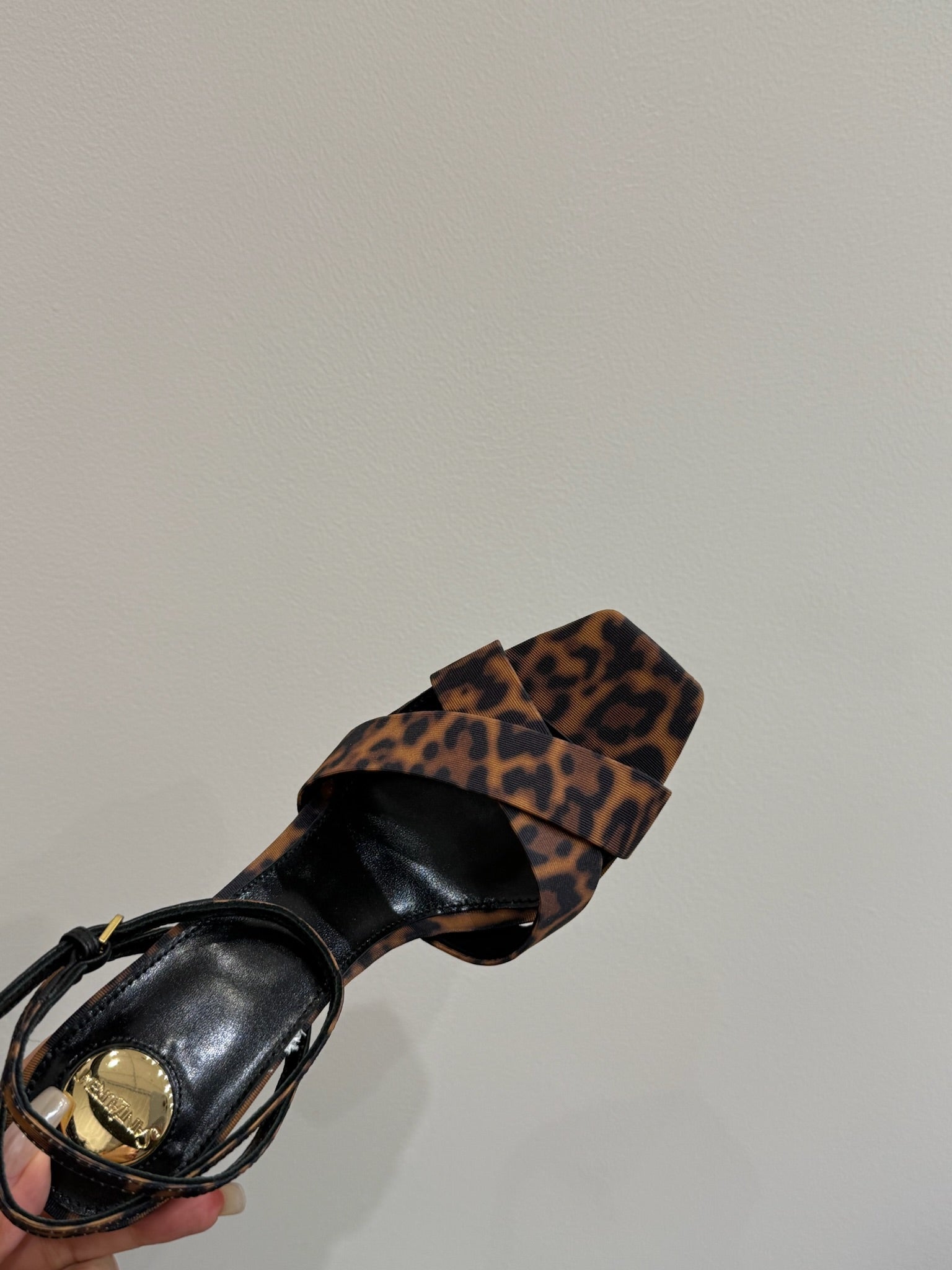 YSL STRAPPY WEDGE SANDALS 25S IN LEOPARD PRINT FABRIC