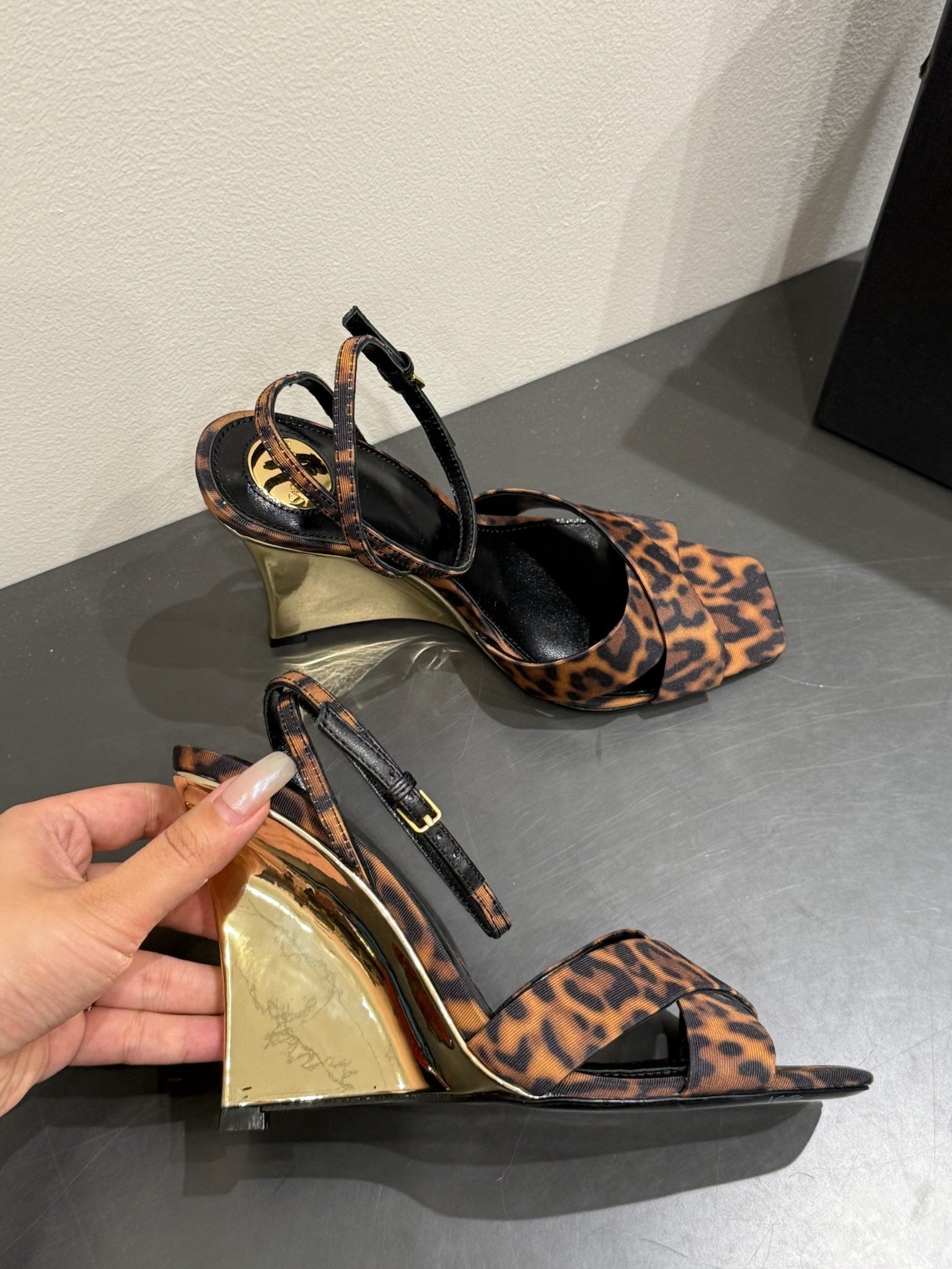 YSL STRAPPY WEDGE SANDALS 25S IN LEOPARD PRINT FABRIC